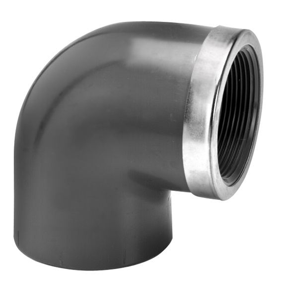 PVC HD KNIE 90 graden binnendraad met rvs ring